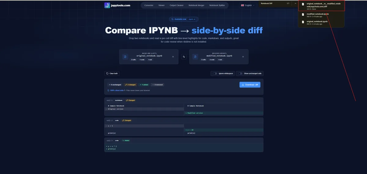 Download the generated .diff result from JupyTools after comparing two notebook files online