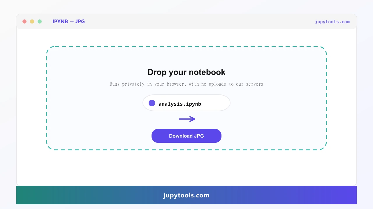 Jupy Tools IPYNB to JPG tool on jupytools.com: upload an .ipynb, convert in the browser, download a JPG