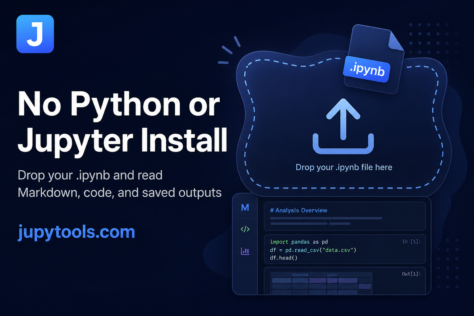 No Python or Jupyter install required: drop an ipynb on jupytools.com and read cells locally