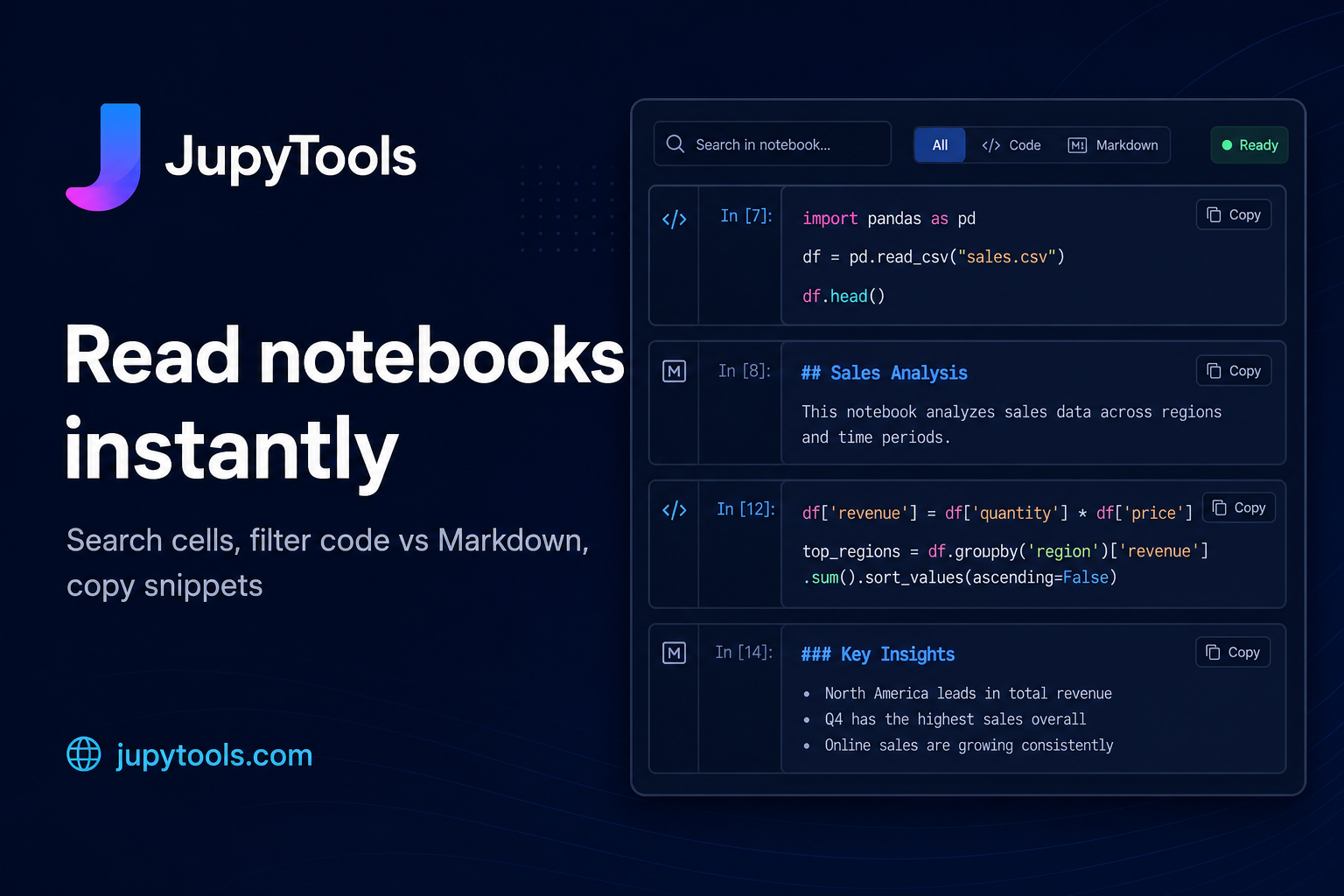 Read notebooks instantly on jupytools.com: search cells, filter types, review saved outputs